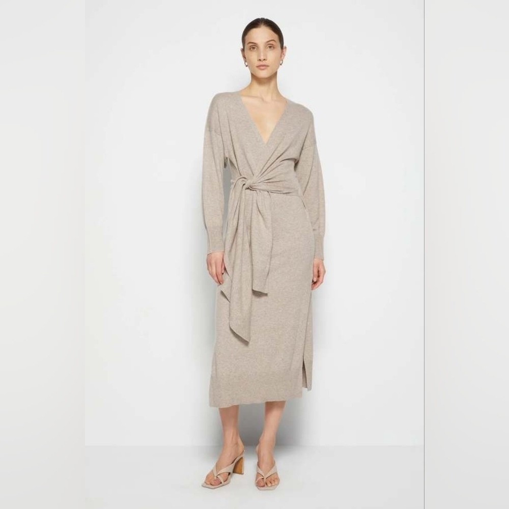 Jonathan Simkhai knit wool cashmere blend Wrap LSleeve Midi Dress with Self Tie